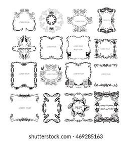 Big collection of hand drawn  frame swirls and curles. Unique romantic design element for wedding cards, in invitations , save the date cards , poster and  banner
