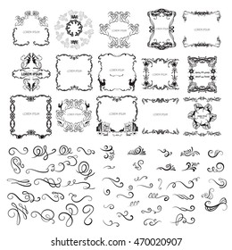 Big collection of hand drawn  frame swirls and curles. Unique romantic design element for wedding cards, in invitations , save the date cards , poster and  banner