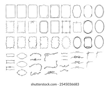 Big collection of hand drawn frames and divider decorations. Hand made vector drawings with pencil texture, isolated on white back ground.