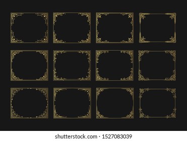 Big collection of hand drawn golden wedding frames. Gold vintage decorative borders for cards. Vector isolated antique elegant decor for invitation design.