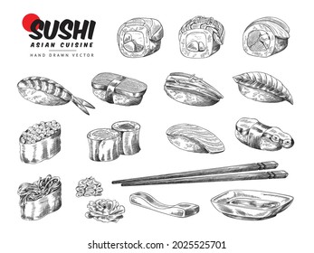 Big collection of hand drawn Japanese sushi, sketch engraving style vector illustration isolated on white background. Asian cuisine sushi seafood set.