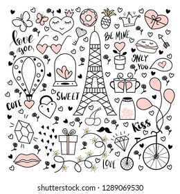 Big collection with hand drawn objects for Valentines day. Love symbols. 