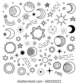 Big collection of hand drawn outline stars, sun and moon isolated on white background.