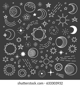 Big collection of hand drawn outline stars, sun and moon isolated on the blackboard.