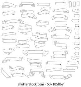 big collection of hand drawn ribbons banners  isolated on white