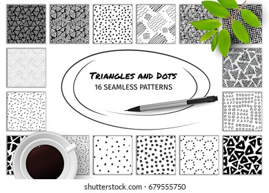 Big Collection of Hand Drawn Seamless Abstract Patterns With Ink Doodles Dots and Triangles. Black And White Vector Background Set. Organic Geometric Design