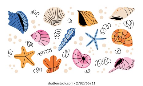 Big collection of hand drawn seashells and marine life elements. Colorful vector illustrations and stickers of various ocean treasures and sea ​​creatures in a flat comic cartoon style. Cute nautical icon set for summer designs.