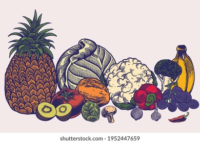 Big collection of hand drawn sketches templates patterns of vegans dieting meal natural vegetarian nutrition smoothie cocktail cereals vegetables fruits. Healthy lifestyle illustration.