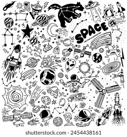 Big Collection of Hand drawn Space Doodles in black. Childlike drawing of astronauts, planets, asteroids, constellations, stars, moons, comets, aliens, ufo, satellites. Isolated Illustrations. Vector.