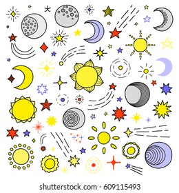 Big collection of hand drawn stars, sun and moon isolated on white background.