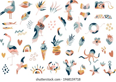 Big collection of hand drawn summer boho elements abstract shapes, flamingo, tropical leaves, textured objects.