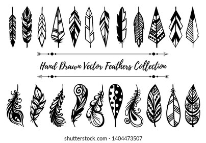 Big collection of hand drawn vector decorative ornamental feathers. Line sketch design elements