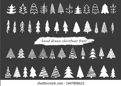 Big collection of hand drawn vector christmas trees in black and white colors. Set of decorative elements for cards, posters, banners