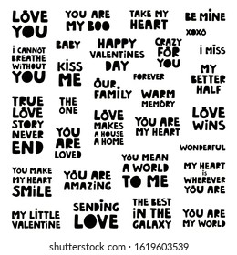 Big collection hand drawn vector lettering with texture. Love slogan. Scandinavian style typography. Phrase for wedding card and Valentine's day. Poster, banner, greeting card design element