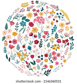 Big collection of hand drawn vector floral elements, flower clipart illustration isolated on white background. Bright florals meadow collection of decorative elements