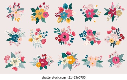 Big collection of hand drawn vector floral bouquets, flower clipart illustration isolated on white background. Bright florals meadow collection of decorative elements