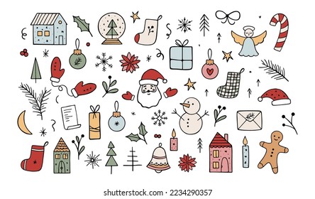 Große Kollektion von handgezeichneten Vektor Weihnachtsfestelementen. Farbige Feiertage, Vektorset. Weihnachtsmann, Lebkuchenmann, Schneemann, Süßigkeiten, Weihnachtsbäume, Schneeflocken, Socken, Häuser, Spielzeug, Engel