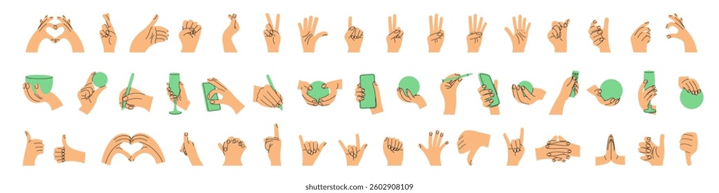 Big collection of hand gestures in various positions. Trendy vector illustration set. Heart shape, numbers, palm and fist. Hand holding phone, ball and pen