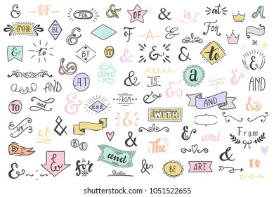 Big collection of hand lettered ampersands and catchwords isolated on white background. Color vector design set
