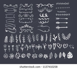 Big collection of hand sketched design elements such as text dividers, borders with flourishes, frames, ribbons, doodle flowers, leaves and hearts etc. Vector  llustration on chalkboard backgr