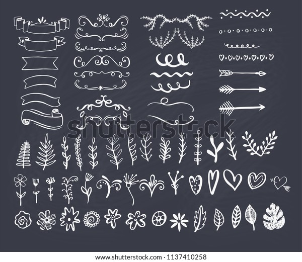 Big collection of hand sketched design elements\
such as text dividers, borders with flourishes, frames, ribbons,\
doodle flowers, leaves and hearts etc. Vector  llustration on\
chalkboard backgr