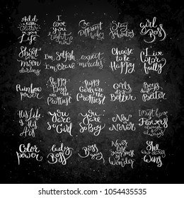 Big collection of hand written calligraphy quotes motivation for life and happiness on blackboard. Set for postcard, poster, prints, cards graphic design.