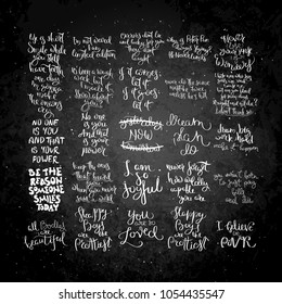 Big collection of hand written calligraphy quotes motivation for life and happiness on blackboard. Set for postcard, poster, prints, cards graphic design.