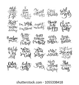Big collection of hand written calligraphy quotes motivation for life and happiness. Set for postcard, poster, prints, cards graphic design.