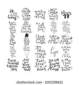 Big collection of hand written calligraphy quotes motivation for life and happiness. Set for postcard, poster, prints, cards graphic design.
