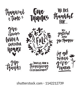 Big collection of hand written hansgiving lettering. Give thanks, be thankful and other thanks giving quotes.