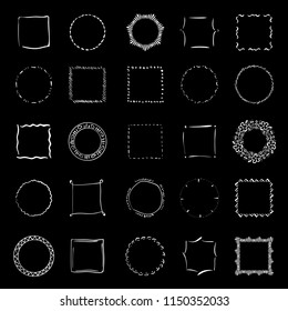 Big collection of handdrawn borders on black. Handdrawn doodle frames.