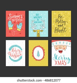 Big collection of handdrawn Christmas and New Year handdrawn cards. Lettering and illustrations for greeting cards, invitations and other holiday design. Calligraphic vector.