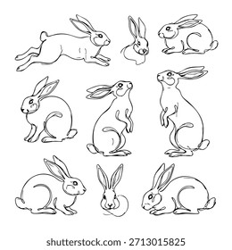 Gran colección de conejos dibujados a mano en diferentes poses: conjunto de conejos de línea en blanco y negro perfecto para diseños de Pascua, decoraciones de primavera y paquetes de ilustraciones de temporada