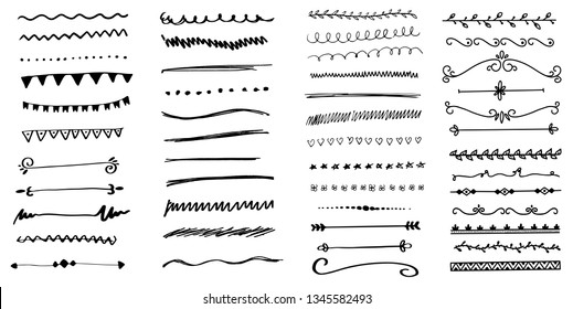Big Collection of Handmade Set of Underline Strokes. Vector strokes in grunge marker style.