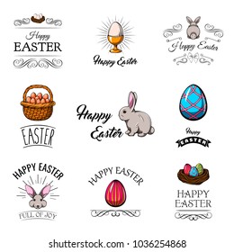 Big Collection of Happy Easter Objects. Flat Design Vector Illustration. Set of Spring Religious Christian Colorful Items.