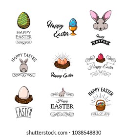 Big Collection of Happy Easter Objects. Egg in holder, Easter bunny, egg in nest, eggs in basket. Vector Illustration.