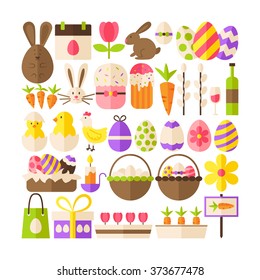 Big Collection of Happy Easter Objects. Flat Design Vector Illustration. Set of Spring Religious Christian Colorful Items. 