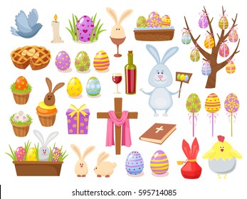 Big collection of Happy Easter objects. Cartoon style design vector illustration. Set of spring religious christian colorful items.