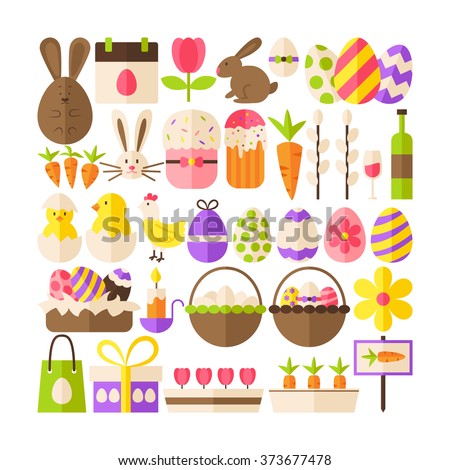 Big Collection of Happy Easter Objects. Flat Design Vector Illustration. Set of Spring Religious Christian Colorful Items. 