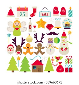 Big Collection of Happy New Year Objects. Flat Design Vector Illustration. Set of Winter Holiday Merry Christmas Colorful Items. 