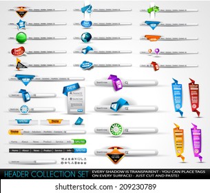 Big collection of headers and footers for your websites. A lot of templates with paper tags, flay style UI, banners, bars, menu and so on.