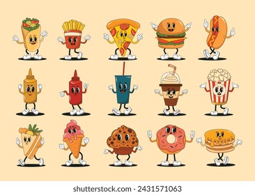 Gran colección de personajes hippies de comida rápida. Conjunto de ilustración retro con mascotas de alimentos. Ilustración vectorial de hamburguesa, patatas fritas, pizza, hot dog, donut, pastel. Viejo dibujo animado de moda 60 70 80.