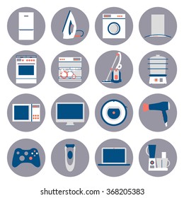 Big collection of home appliances. Flat design set modern vector icons of home appliances isolated on white background. Dishwasher, washing mashing and other house equipment.