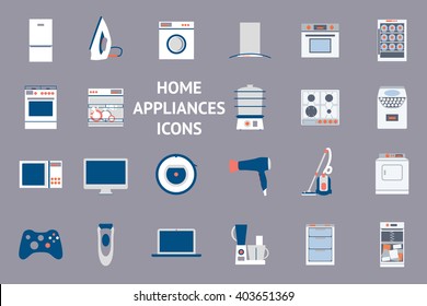 Big collection of home appliances. Flat design set modern vector icons of home appliances isolated on background. Dishwasher, washing mashing, aircon and other house equipment.