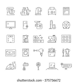 Big collection of home appliances - vector line style illustration. Kitchen appliances and technology. Dishwasher, washing mashing, fan, toaster and other gear.