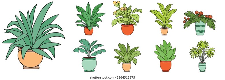 Gran colecta de la planta de la casa de la planta de color. Hogar dibujado a mano en forma de doodle aislado en fondo blanco.  Ilustración vectorial.