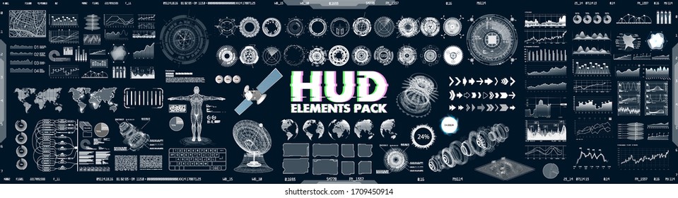 Big collection HUD, GUI elements for VR, UI design. Futuristic User Interface set (charts, graphic, futuristic circle gadgets, 3d body model, world map, infographics and other) Sky-fi elements. Vector