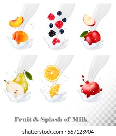 Big collection of icons of fruit and berries in a milk splash. Pear, orange, pomegranate, peach, apple, blueberry. Vector.