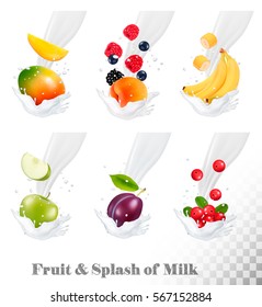 Big collection of icons of fruit and berries in a milk splash. Strawberry, apple, plum, cranberry banana, peach, blackberry, blueberry. Vector.