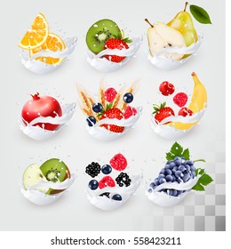 Big collection icons of fruit in a milk splash. Raspberry, strawberry, apple, blackberry, blueberry, banana, orange, wheat, pear, grapes, kiwi, pomegranate. Vector Set 4.